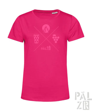 Rosa T-Shirt mit Grafikdesign, das ein Kreuz aus Icons und Text zeigt, Material wahrscheinlich Baumwolle oder Polyester-Mischung.