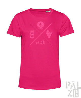 Rosa T-Shirt mit Grafikdesign, das ein Kreuz aus Icons und Text zeigt, Material wahrscheinlich Baumwolle oder Polyester-Mischung.