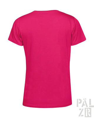 Fuchsia-Shortsleeved-T-Shirt mit V-Ausschnitt und geripptem Saum, aus Baumwolle.