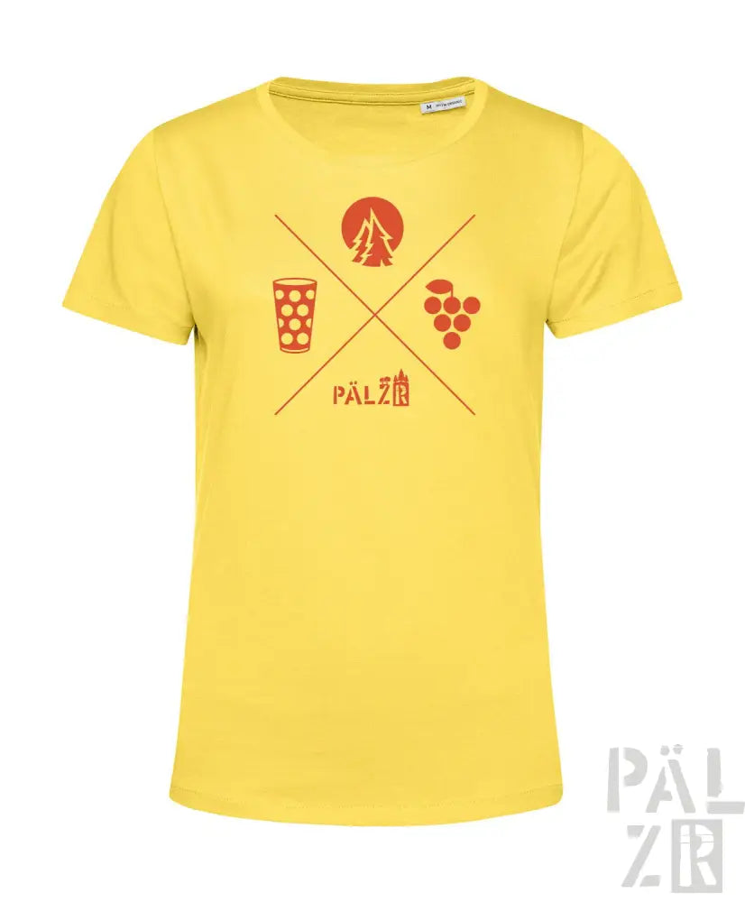 Gelbes T-Shirt mit rot-schwarzem Design, das einen Becher, Trauben, Silhouette eines Baums und den Text „pälzer“ über der Brust zeigt.