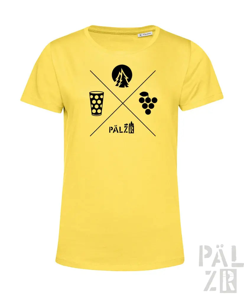 Gelbes T-Shirt mit Bierglas-, Baum- und Trauben-Design.