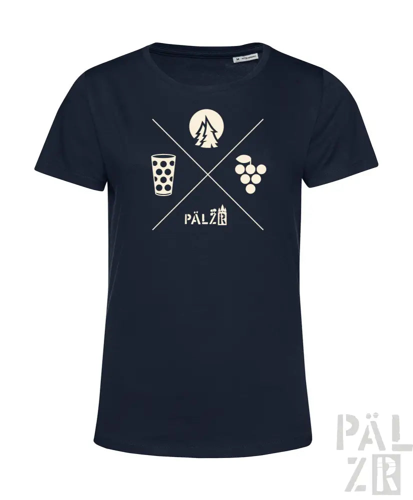 Marineblaues T-Shirt mit weißem Grafikdesign, das ein Glas Wein, Trauben und das Wort ‚pälzer‘ in fetten Buchstaben zeigt.