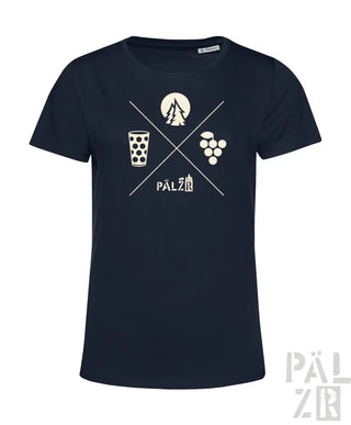 Marineblaues T-Shirt mit weißem Grafikdesign, das ein Glas Wein, Trauben und das Wort ‚pälzer‘ in fetten Buchstaben zeigt.