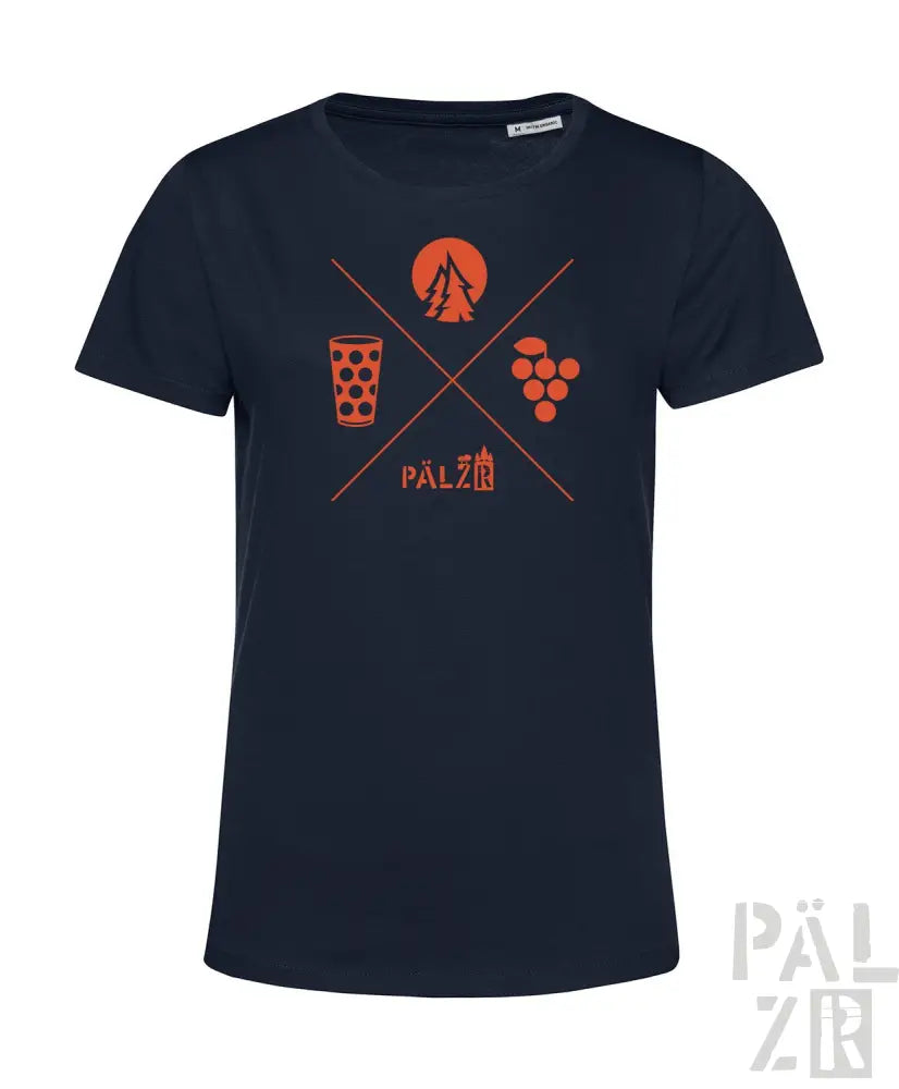 Marineblaues T-Shirt mit Grafikdesign, das ein Bierglas, Trauben und das Wort ’pälzer’ in Orange zeigt.