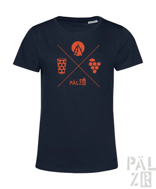 Marineblaues T-Shirt mit Grafikdesign, das ein Bierglas, Trauben und das Wort ’pälzer’ in Orange zeigt.