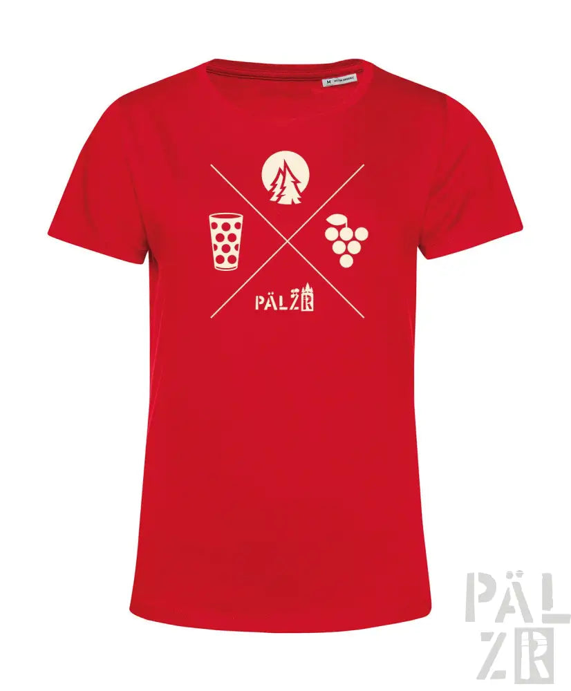 Rotes T-Shirt mit weißem weinthematischen Design, das ein Glas, Trauben und Silhouette eines Baums zeigt.