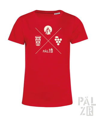 Rotes T-Shirt mit weißem weinthematischen Design, das ein Glas, Trauben und Silhouette eines Baums zeigt.