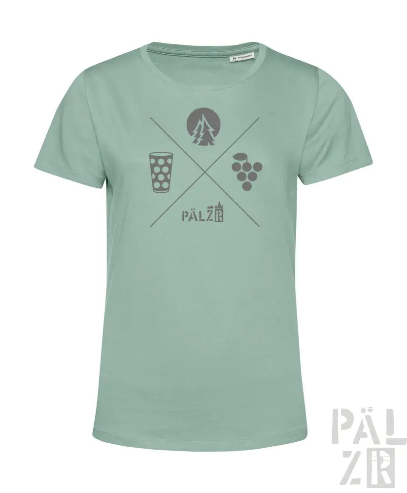 Minzgrünes Bio-Baumwoll-T-Shirt mit Kreuz-Design, das ein Bierglas, eine Baum-Silhouette und Trauben zeigt.