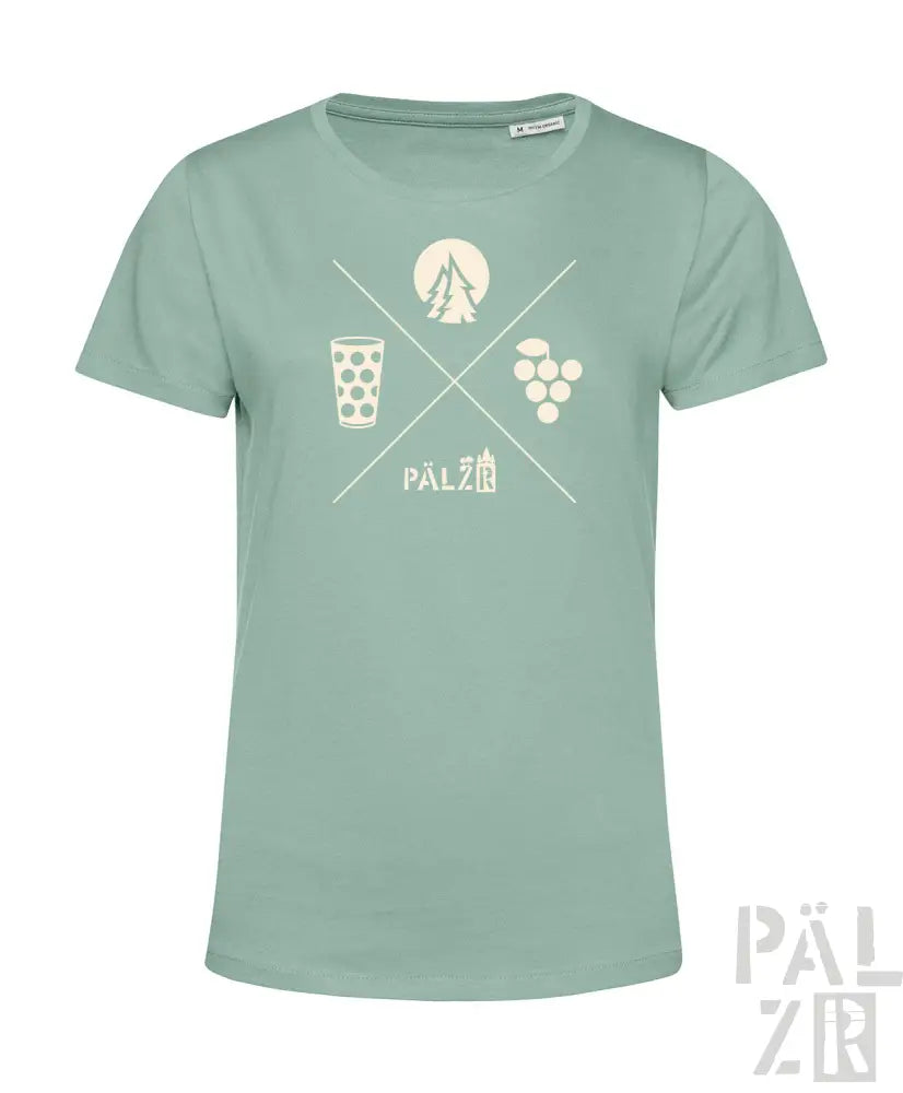 Minzgrünes Bio-Baumwoll-T-Shirt mit weißem Grafikdesign, das ein Weinglas, Trauben und eine Silhouette eines Weinbergs zeigt.