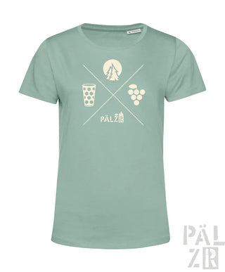 Minzgrünes Bio-Baumwoll-T-Shirt mit weißem Grafikdesign, das ein Weinglas, Trauben und eine Silhouette eines Weinbergs zeigt.