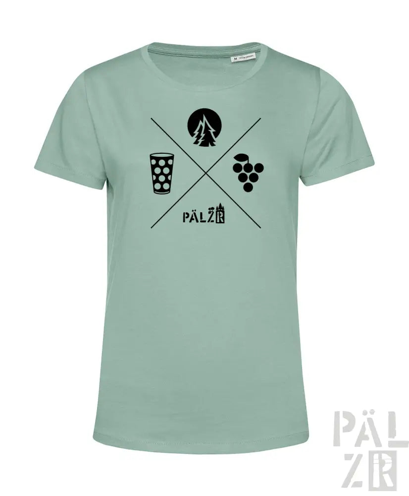 Minzgrünes T-Shirt aus Bio-Baumwolle mit schwarzem Grafikdesign, das ein Bierglas, Trauben und eine Baum-Silhouette zeigt.
