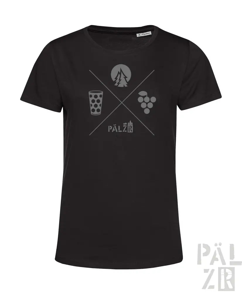Schwarzes T-Shirt mit weißem Grafikdesign, das ein Glas Bier, Trauben und das Wort ’pälzer’ in einem X-Muster zeigt.
