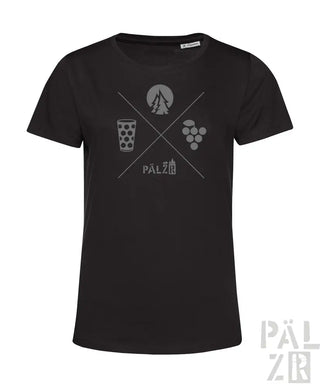 Schwarzes T-Shirt mit weißem Grafikdesign, das ein Glas Bier, Trauben und das Wort ’pälzer’ in einem X-Muster zeigt.