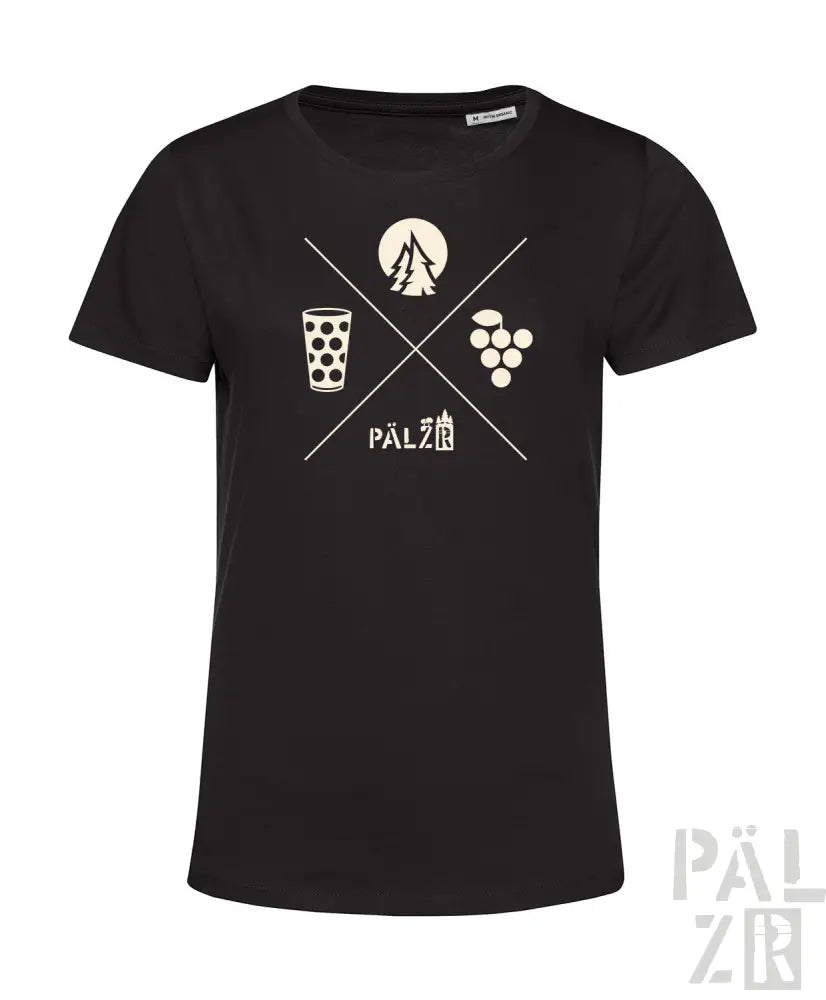 Schwarzes T-Shirt mit weißem Grafikdesign, das ein Glas Bier, Trauben und das Wort „pälzer“ in fetten Buchstaben zeigt.