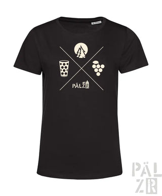 Schwarzes T-Shirt mit weißem Grafikdesign, das ein Glas Bier, Trauben und das Wort „pälzer“ in fetten Buchstaben zeigt.