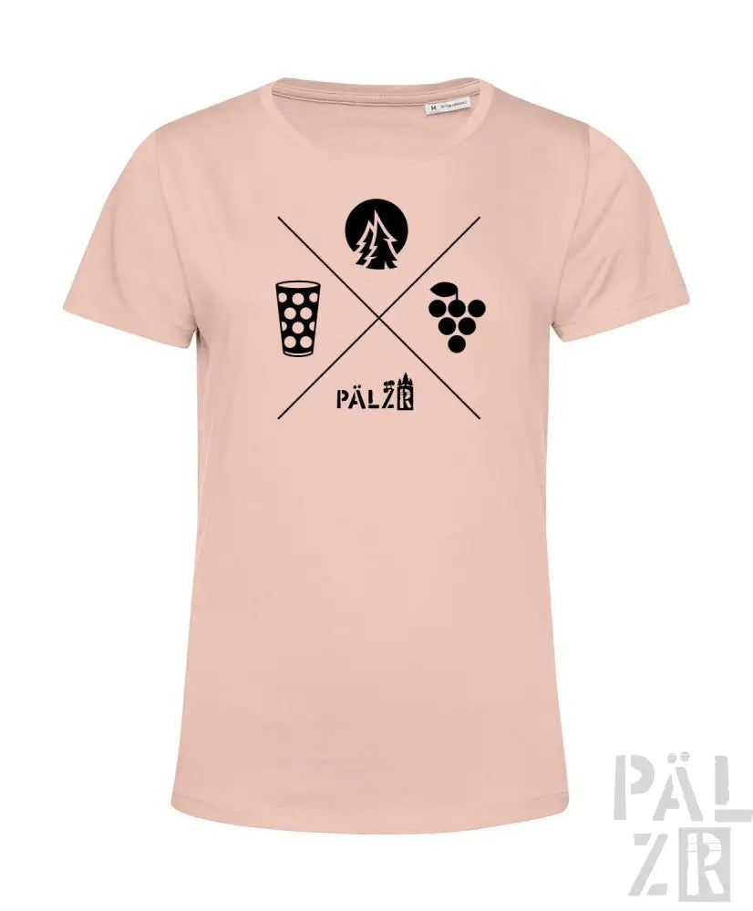 Hellrosa T-Shirt mit Grafikdesign, das ein Bierglas, eine Baum-Silhouette und Trauben zeigt, aus Baumwolle gefertigt.