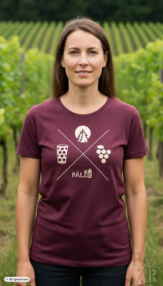 Frauen t-shirt waldundwoi in bordeaux mit weißem grafikdesign aus kreuzenden linien, baumsilhouette, trauben und text pälzer