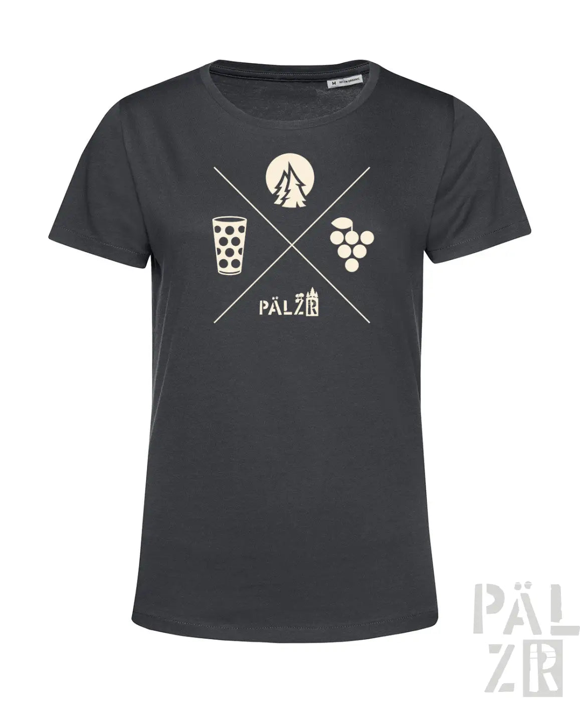 Dunkelgraues damen t-shirt mit weißen grafiken von baum, mond, gepunktetem glas und trauben über dem wort pälzer