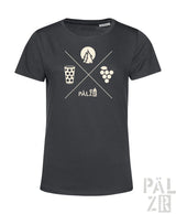 Dunkelgraues damen t-shirt mit weißen grafiken von baum, mond, gepunktetem glas und trauben über dem wort pälzer