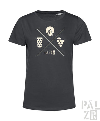 Dunkelgraues damen t-shirt mit weißen grafiken von baum, mond, gepunktetem glas und trauben über dem wort pälzer
