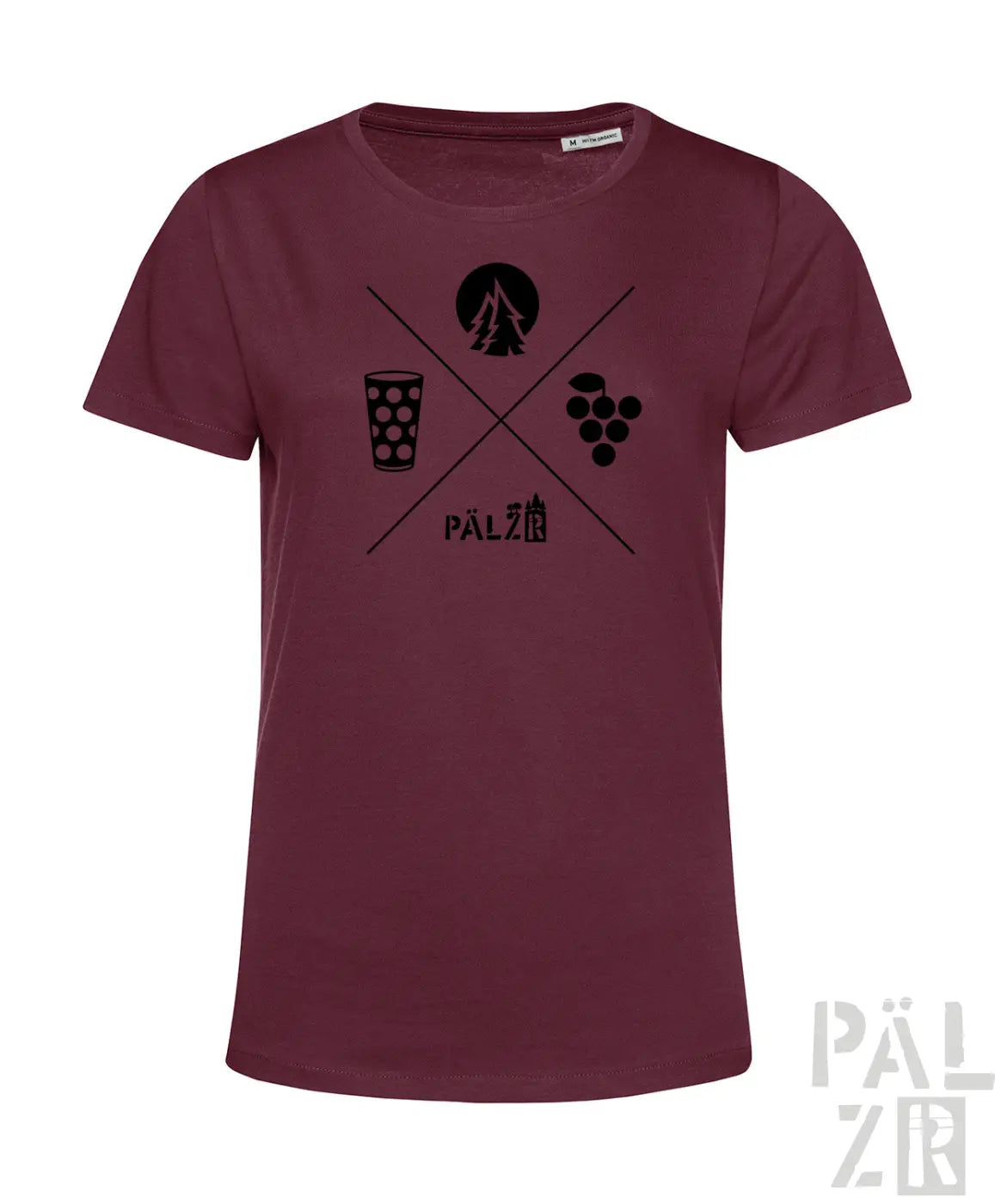 Frauen t-shirt in dunkelrot mit schwarzem grafikdesign aus kreuzenden linien, baum, glas, trauben und dem text pälzer
