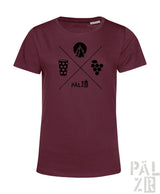 Frauen t-shirt in dunkelrot mit schwarzem grafikdesign aus kreuzenden linien, baum, glas, trauben und dem text pälzer