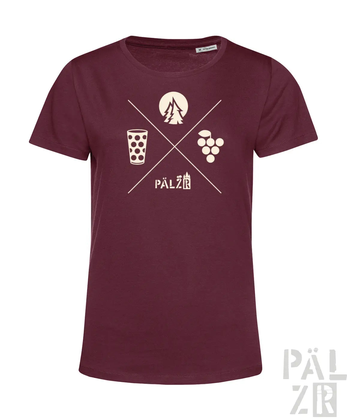 Frauen t-shirt in maroon mit weißem waldundwoi grafikdesign mit pälzer text und symbolen wie bierglas trauben und baum