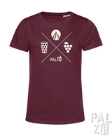 Frauen t-shirt in maroon mit weißem waldundwoi grafikdesign mit pälzer text und symbolen wie bierglas trauben und baum