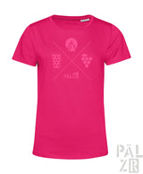 Bright pinkes frauen t-shirt mit dezentem pinkem grafikdesign von bergen glas trauben und pälzib logo