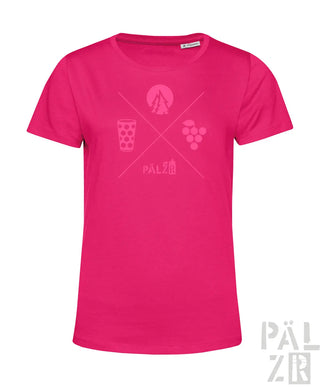 Bright pinkes frauen t-shirt mit dezentem pinkem grafikdesign von bergen glas trauben und pälzib logo