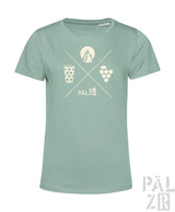 Mintgrünes frauen t-shirt mit weißem grafikdesign aus gekreuzten linien berg weintrauben und gepunktetem glas