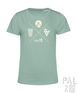 Mintgrünes frauen t-shirt mit weißem grafikdesign aus gekreuzten linien berg weintrauben und gepunktetem glas