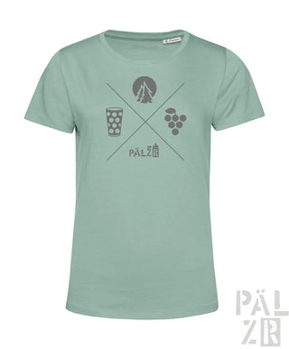 Frauen t-shirt in weichem minzgrün mit grauem wald und woi grafik und stylisierter pälz schrift