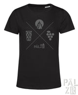 Schwarzes frauen t-shirt mit kurzärmeln und grauem grafikdruck mit bergen, bierglas, trauben und pälzer schriftzug