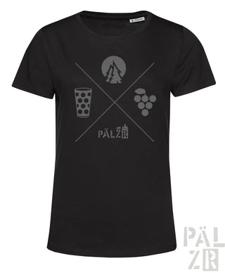 Schwarzes frauen t-shirt mit kurzärmeln und grauem grafikdruck mit bergen, bierglas, trauben und pälzer schriftzug