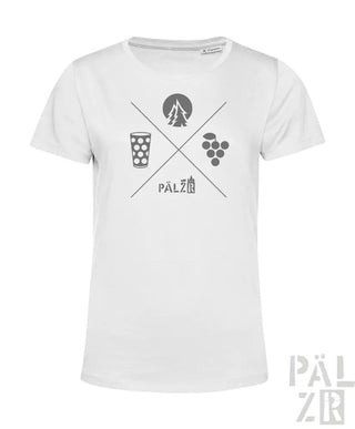 Weißes T-Shirt mit schwarzem Grafikdesign, das ein Bierglas, Trauben und eine Silhouette eines Baums zeigt
