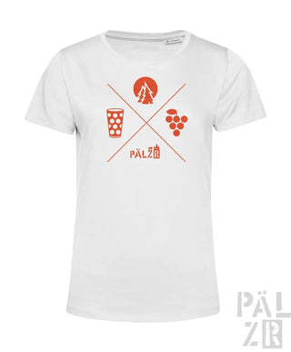 Weißes T-Shirt mit orangem Grafikdesign, das ein Bierglas, eine Baum-Silhouette und Trauben zeigt.