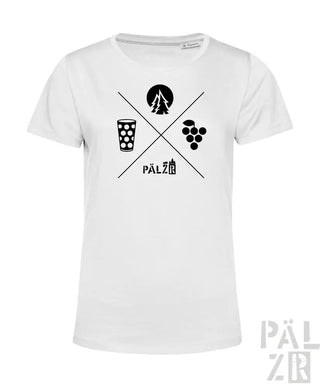 Weißes T-Shirt mit schwarzem Grafikdesign, das ein Bierglas, Trauben und eine Silhouette eines Baums zeigt.
