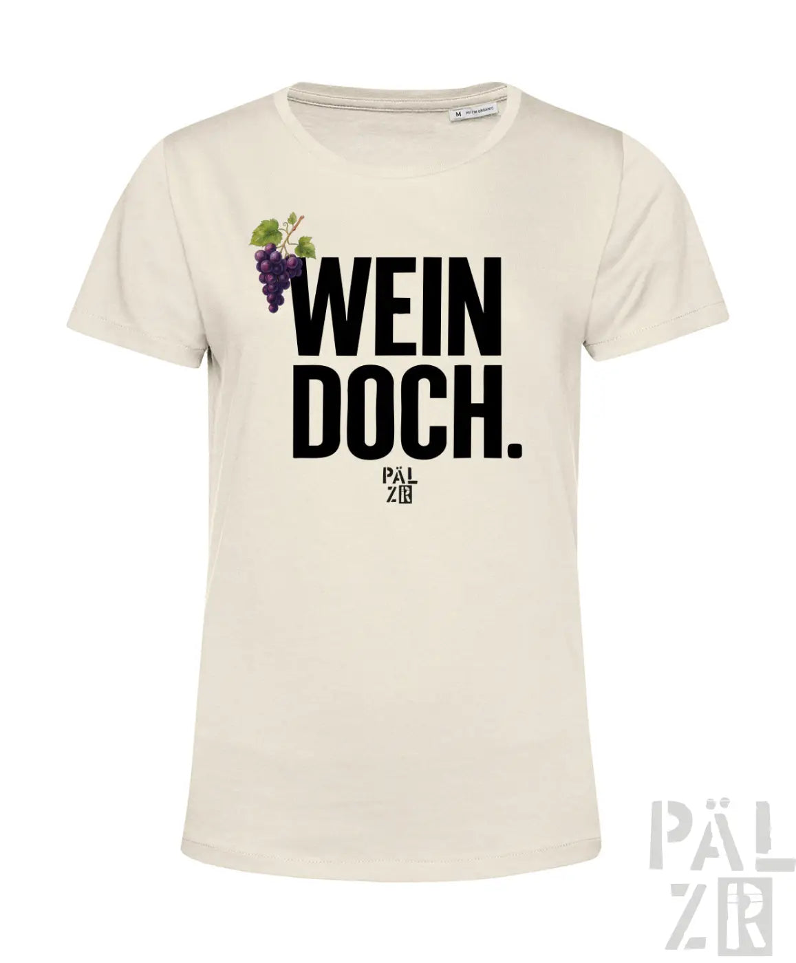 Frauen t-shirt aus baumwolle in creme mit schwarzem wein doch text, lila traubenmotiv und pal zib markenname