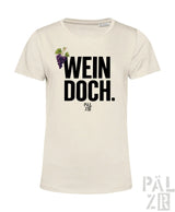 Frauen t-shirt aus baumwolle in creme mit schwarzem wein doch text, lila traubenmotiv und pal zib markenname
