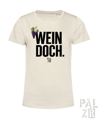 Frauen t-shirt aus baumwolle in creme mit schwarzem wein doch text, lila traubenmotiv und pal zib markenname