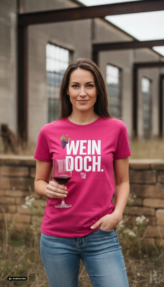 Frauen t-shirt in fuchsia pink mit weißen text und traubenmotiv aus baumwolle ideal für weinliebhaber