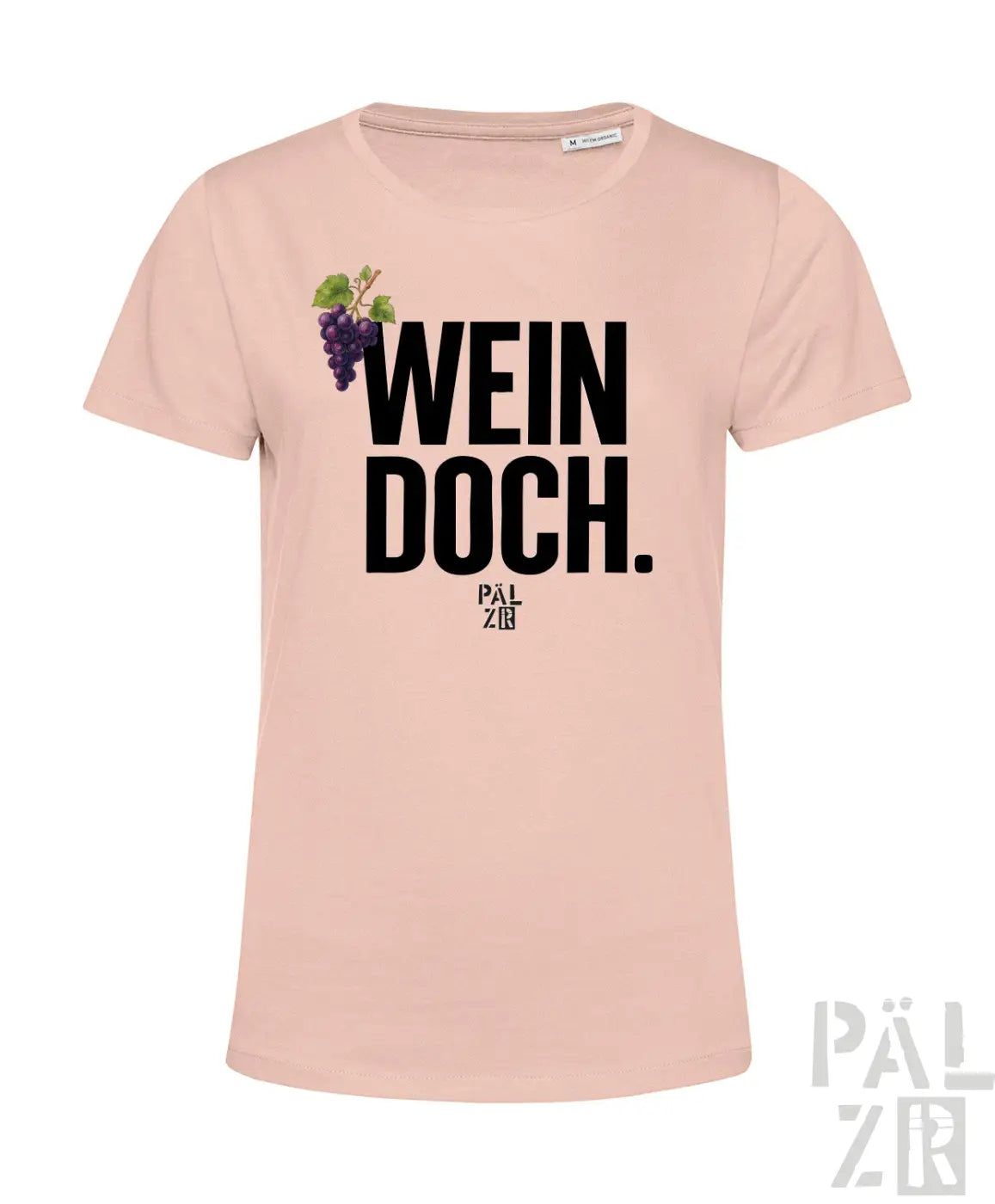 Blush pink frauen t-shirt mit schwarzem wein doch text und lila trauben grafik von pal zib in verschiedenen farben
