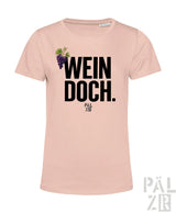 Blush pink frauen t-shirt mit schwarzem wein doch text und lila trauben grafik von pal zib in verschiedenen farben