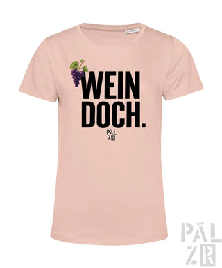 Blush pink frauen t-shirt mit schwarzem wein doch text und lila trauben grafik von pal zib in verschiedenen farben