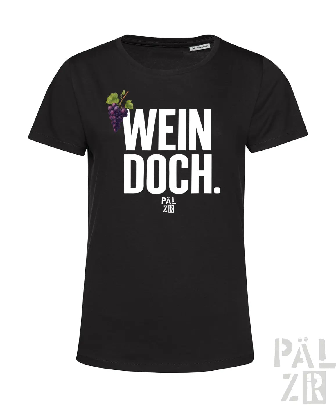 Frauen kurzarm t-shirt in schwarz mit weißem wein doch text, lila traubenillustration und pal zib markenname