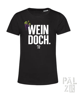 Frauen kurzarm t-shirt in schwarz mit weißem wein doch text, lila traubenillustration und pal zib markenname