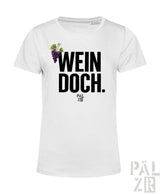 Weißes frauen t-shirt aus baumwolle mit schwarzem wein doch text und lila traubenillustration von pal zib
