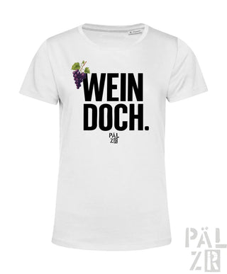 Weißes frauen t-shirt aus baumwolle mit schwarzem wein doch text und lila traubenillustration von pal zib