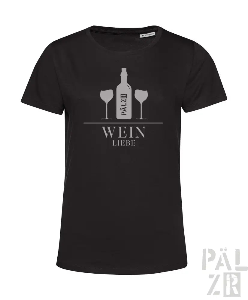Schwarzes T-Shirt mit weißem Design von Weinflasche und Glas, Text ’wein liebe’.